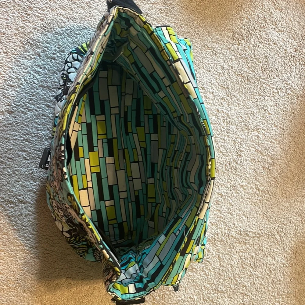 Vera Bradley, blue white, and green laptop case with over the shoulder strap.